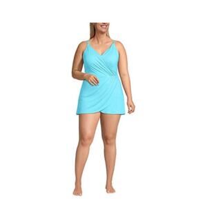 NEW Lands' End Plus Size Tulip Wrap Swim Dress One Piece Swimsuit aqua blue sz L